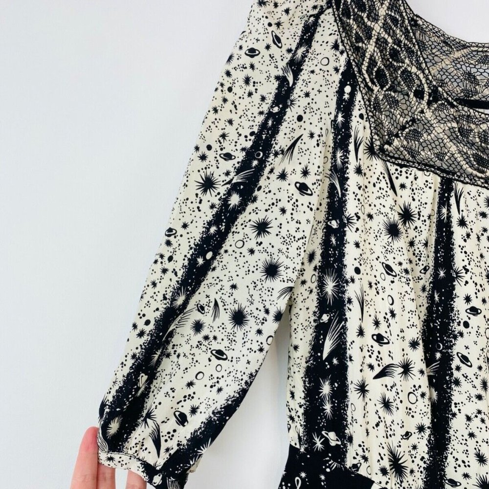 Anna Sui Black and Cream Horoscope Crochet Lace Trim Tie Silk Playsuit UK S - Picture 2 of 9